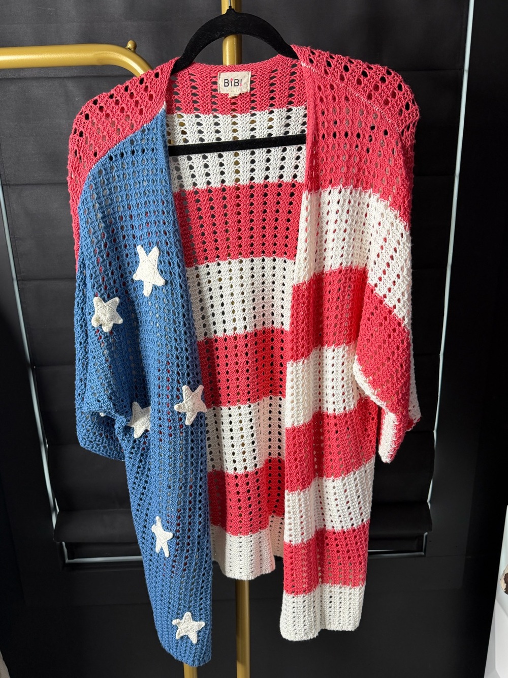 BiBi Red, White & Blue Crochet Open-Front Cardigan NWOT